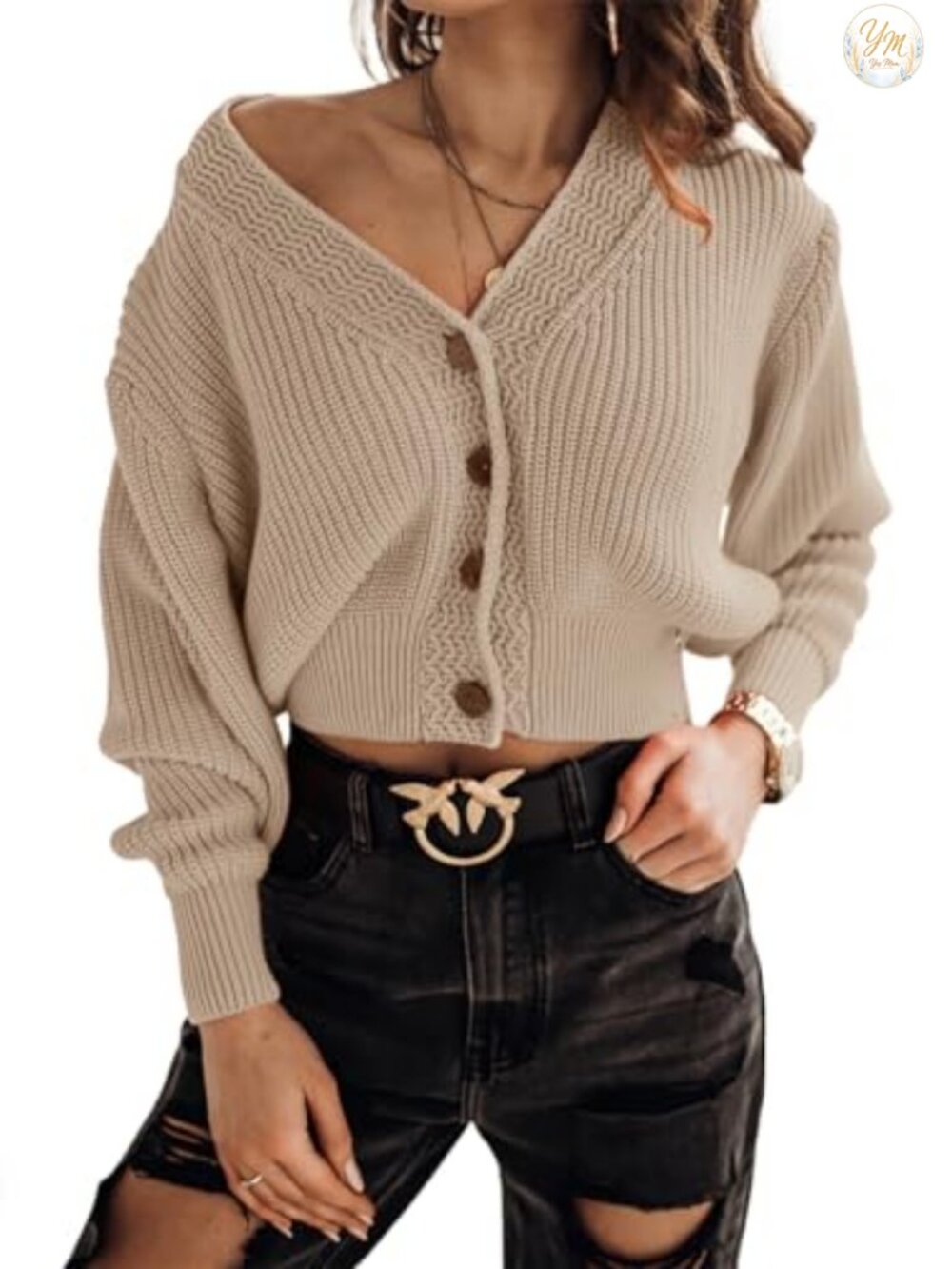 Women's Cropped Cardigan Sweater V-Neck Chunky Knit Button Front